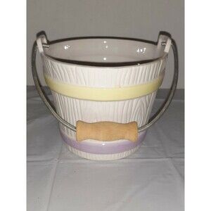 Teleflora White Porcelain Basket Purple And Yellow Bands Wood And Metal Handle